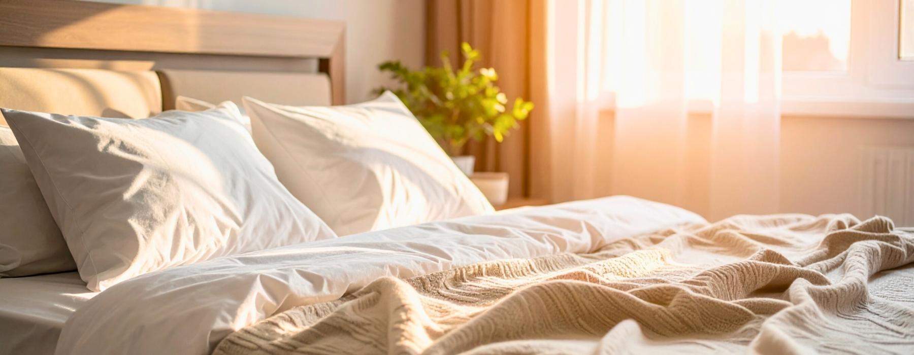 a bed next to bright window